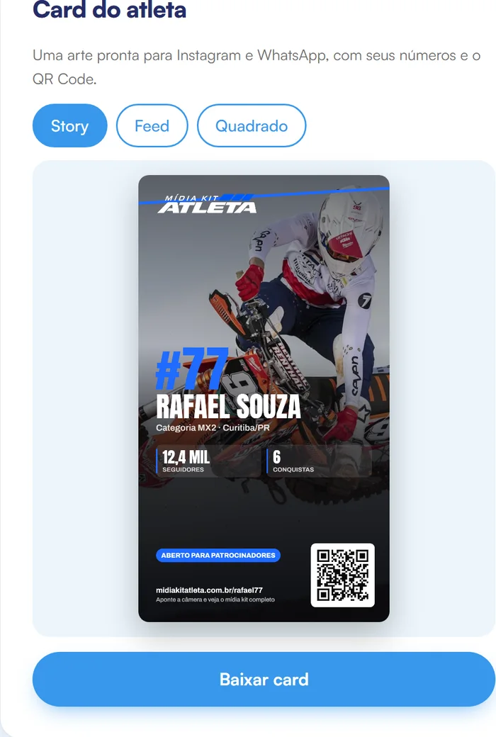Tela real do card do atleta na Área do Cliente
