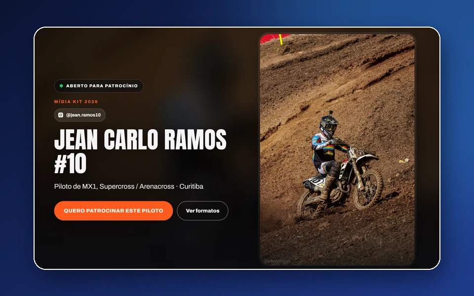Mídia kit do Jean Carlo Ramos: topo com nome, número, categoria e cidade